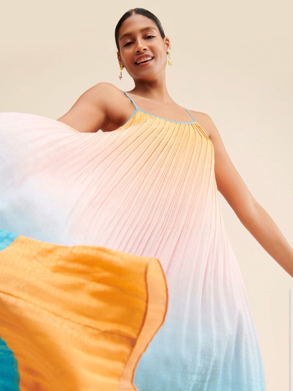 Current Air Pleated Ombre Maxi Dress in Peach, Blue & Yellow